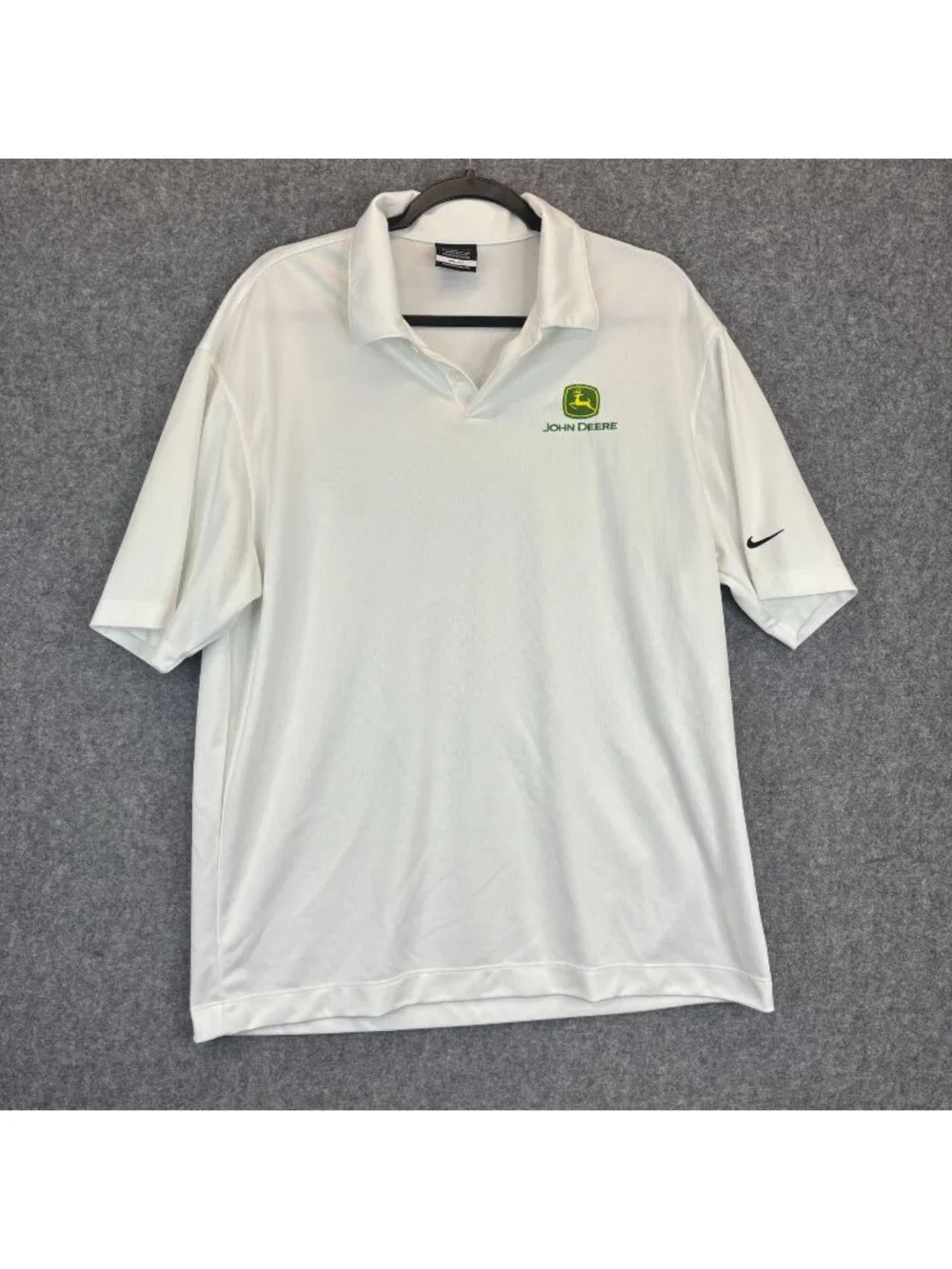 Nike John Deere Men's Size Large White Golf Dri-Fit Polo Golf Shirt Swoosh Logo